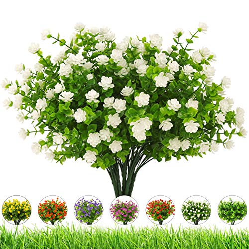 Artificial Flowers Outdoor,8 Bundles UV Resistant Outdoor Fake Flowers,Outside Plastic Faux Flowers Greenery Shrubs Plants for Indoor Outside Planter Home Porch Decor(White) - color: White, size: 8 Bundles