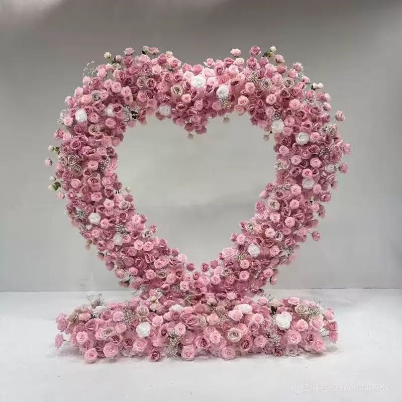 Heart-Shaped Rose Flower Arrangement - Floral Decor for Wedding Arch, Proposal, Party & Event Backdrops, Indoor Outdoor Use（Stand NOT Included） (Pink) - color: Pink