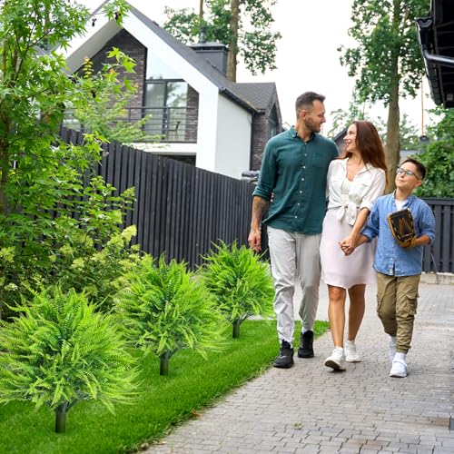 4 Artificial Boston Fern with Integrated Ground Stake 24'' Realistic UV Resistant Faux Plant with Spike for Indoor Outdoor Garden Yard Spring Summer Wedding Decoration