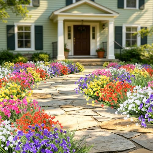 24 Bundles Artificial Outdoor Flowers, UV Resistant Faux Flowers for Outdoor Planters, Plastic Fake Plants for Front Porch Patio Garden Hanging Basket - color: Mix Color-3, size: 24PCS
