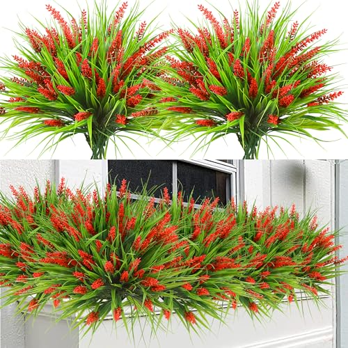 Sggvecsy 12 Bundles Artificial Plants Outdoor Faux Lavender Flowers Fake Monkey Grass UV Resistant Plastic Greenery Plants for Garden Home Porch Window Patio Hanging Planter Indoor Decor (Red) - color: Red, size: 12pcs