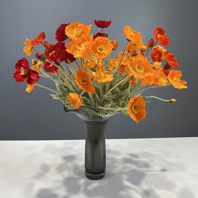 Poppy Flowers Artificial， Poppy Silk Flowers with Stems，Ranunculus Artificial Flowers，Faux Flower Stems for Wedding,Party, Outdoor Indoor Decor Flower Arrangements for Table (3, Orange) - color: Orange