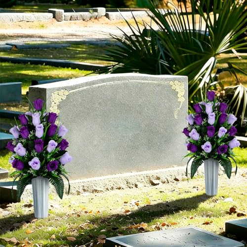 XONOR 2 Sets Artificial Cemetery Flowers, Grave Decorations Roses, Memorial Flowers Bouquet with Vase for Grave Cemetery Decoration (Dark Purple&Light Purple) - color: Dark Purple&light Purple