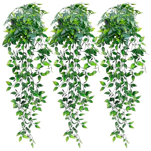 LOYWREE 3 Pack Small Artificial Hanging Mandala Plant with Pot Faux Plants Indoor Fake Small Potted Plant 28.7-In Long Faux Vine Shelf Decor Ideal for Indoor Outdoor Home Office Decoration (Black Pot) - color: Mandala, size: 3Pack