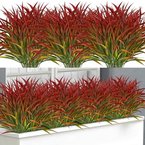 Ouddy Decor 16 Bundles Artificial Plants Outdoor Fake Grass Greenery Stems UV Resistant Faux Plastic Plants Shrubs for Spring Summer Garden Pathway Window Box Farmhouse Front Porch Home Decor, Red - color: Red