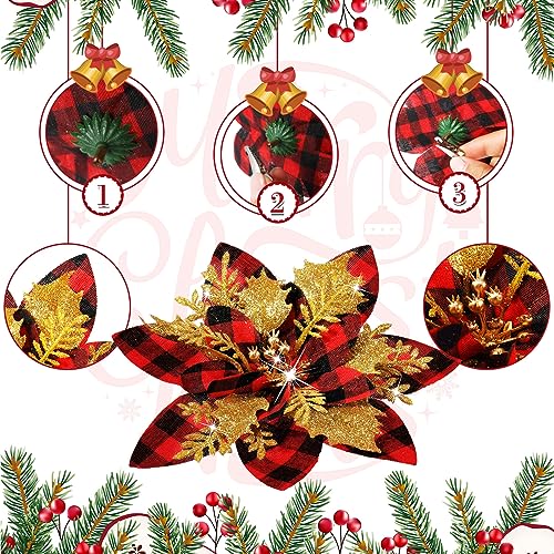 Geosar 36 Pcs Christmas Glitter Artificial Poinsettia Flowers Xmas Poinsettia Artificial Wedding Flowers Decorations Xmas Tree Ornaments with Clips for Party, 6 Inch, 4 Inch, 3 Inch(Red, Black, Gold) - color: Red, Black, Gold