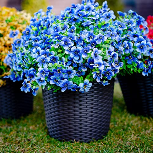 AXYLEX Artificial Flowers for Outdoors, 16 Bundles Fake Plants (Blue) | UV resistant faux plastic flowers, no fade artificial greenery – garden, patio, porch & home - color: Blue
