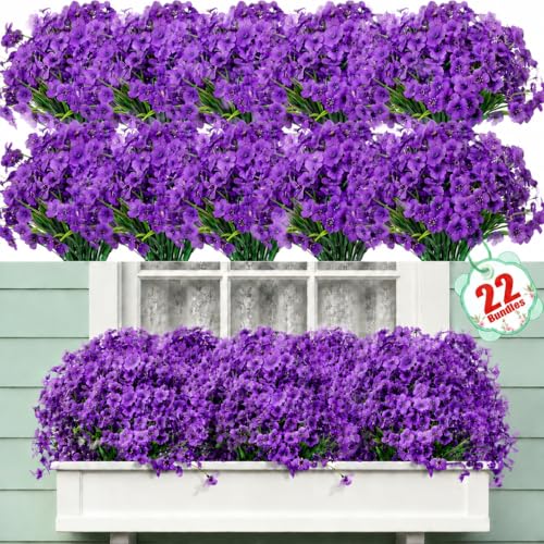 22 Bundles Artificial Flowers Outdoor, Faux Flowers UV Resistant with Plastic Plants, Faux Silk Flowers for Outdoors Outside Front Porch Hanging Planter Window Box Garden Decoration - color: Purple, size: 22 Bundles