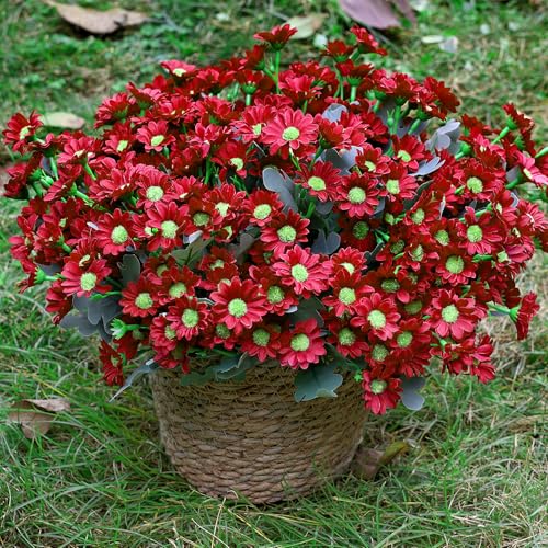 24 Bundles Artificial Daisy Flowers for Outdoor - Fake Mums Faux UV Resistant Daisies Plants Florals for Home Garden Patio Front Porch Outside Decorations - Red