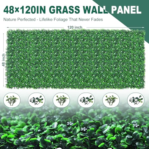 Yangrass Boxwood Roll Panels with White Flower, 48"x120" (40 sqft) Artificial Ivy Privacy Fence Screen, UV-Anti Faux Boxwood Roll Grass Wall Panels for Garden Patio Balcony Decor - size: 48x120inches