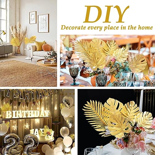 12 Pieces Artificial Palm Leaves, Golden Faux Tropical Monstera Leaves for Safari Jungle Hawaiian Luau Party, Table and Wall Decorations - size: 12.2x5.9 in
