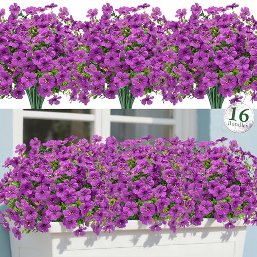 Bassion Artificial Flowers for Outdoors, 16 Bundles UV Resistant Fake Flowers Realistic Silk Faux Plants for Outdoor Planter Hanging Basket Window Box Porch Patio Garden Home Outside Decorations - color: Purple