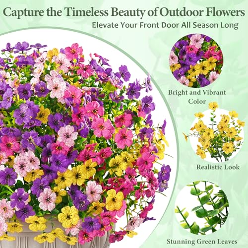 Yastouay 12 Bundles Artificial Flowers for Outdoors, UV Resistant Artificial Outdoor Flowers No Fade Fake Outdoor Flowers Plants for Garden Porch Window Box Farmhouse Pot Planters Decor (Multi ColorA) - color: Fuchsia+pink+rose Red+yellow, size: 12 Bundle