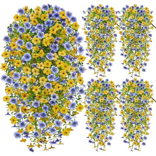 Artificial Hanging Flowers for Outdoors Spring Summer Decoration, 4PCS UV Resistant Silk Fake Hanging Plants for Patio Porch Front Yard Window Garden Indoor Decor(Blue&Yellow,4PCS) - color: Blue&yellow, size: 4PCS