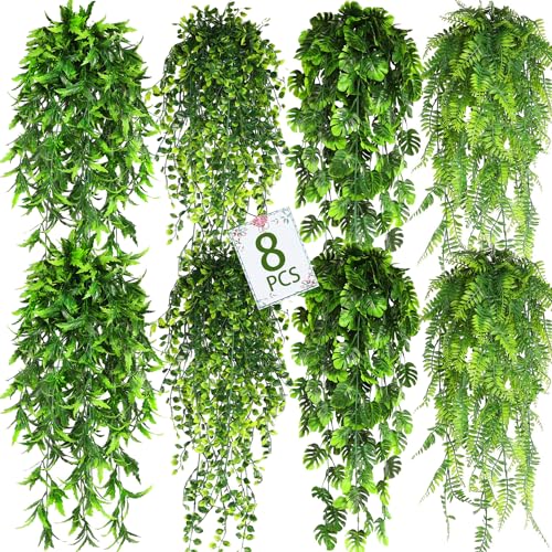 8 Pack Artificial Hanging Plants Fake Greenery Plants Fake lvy Vine for Home Wall Garden Indoor Outdoor Decoration (31'' Faux Boston Ferns,Palm Leaves)