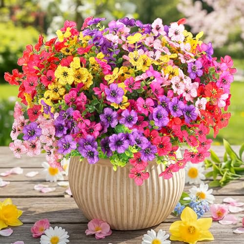 CEWOR Artificial Flowers for Outdoor Indoor, Fake Silk Daisy with Eucalyptus Leaves, Faux Flower for Garden Front Door Porch Planter Patio Home Decor (12 Bundles, 6 Multicolor) - color: 6 Color Daisy