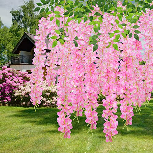 U'Artlines 24 Pack (Total 86.4 Feet) Artificial Fake Wisteria Vine Rattan Hanging Garland Silk Flowers String Home Party Wedding Decor (24, Pink) - color: Pink