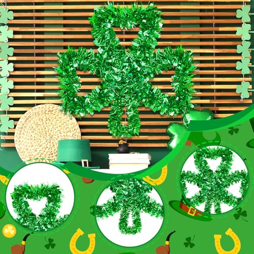 15.7 Inch St Patricks Day Shamrock Wreath for Front Door Shamrock Iron Wire Tinsel Wreath Lucky Clover Garland Hanging Ornaments for Irish Holiday Wall Window Party Decor - color: Shamrock