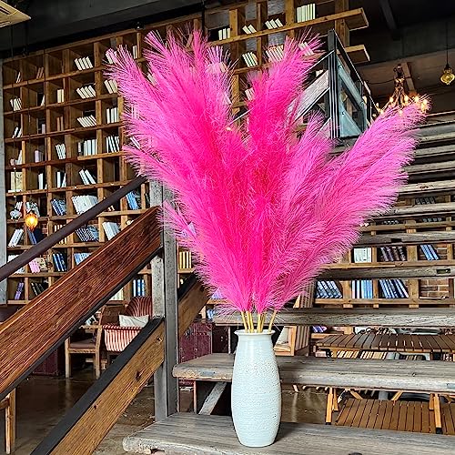 Premium Faux Hot Pink Pampas Grass – Fuchsia 43.3″ 8pcs Tall Fluffy Decor, No Assembly 18-Branch One-Piece Stems for Floor Vase Decor, Luxury Silk-Feel Feather Flowers (8 pcs/110cm) - color: Faux Hot Pink, size: 8pcs 43.3"(110cm)
