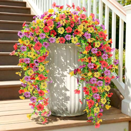 5PCS Artificial Faux Hanging Flowers Plants for Outdoor Decor,Fake Silk Daisy Flowers with Eucalyptus UV Resistant Realistic Vines for Home Porch Patio Balcony Yard Decor (Hot pink Purple Yellow) - color: Hot Pink Purple Yellow