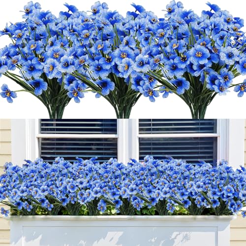 Bassion 24 Bundles Artificial Flowers for Outdoors Decoration, UV Resistant Blue Silk Fake Faux Flowers Artificial Plants for Outside Window Box Porch Garden Home Decor - color: Blue
