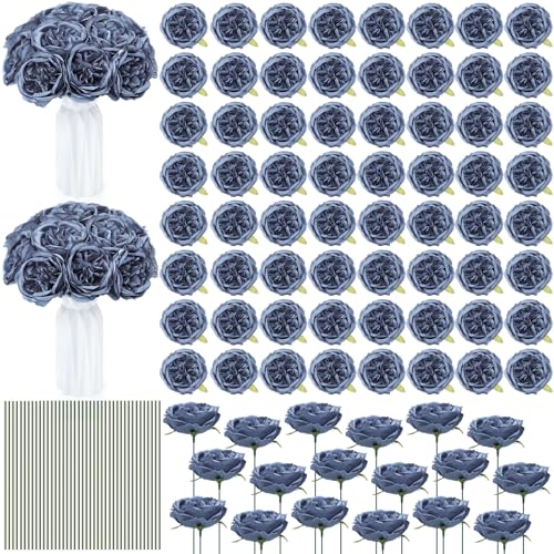Suncalla 80 Pack Austin Rose Peonies, 3.94 Inch Artificial Flowers Heads Bulk with Stems Leaves for Arrangement Wedding Centerpiece Banquets Party Home Kitchen Decor DIY(Dusty Blue) - color: Dusty Blue