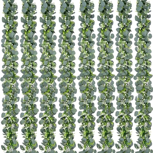 Waipfaru 8Pcs Eucalyptus Garland, 5.9FT Greenery Garland, Green Garland with Flowers, Artificial Faux Silver Dollar Eucalyptus Leaves Vines for Table Home Wedding Mantle Party Indoor Outdoor Decor - color: Eucalyptus Garland, size: 8Pcs