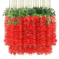 U'Artlines 24 Pack (Total 86.4 Feet) Artificial Fake Wisteria Vine Rattan Hanging Garland Silk Flowers String Home Party Wedding Decor (24, Red) - color: Red