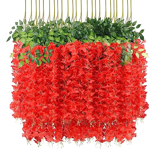 U'Artlines 24 Pack (Total 86.4 Feet) Artificial Fake Wisteria Vine Rattan Hanging Garland Silk Flowers String Home Party Wedding Decor (24, Red) - color: Red