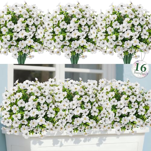 Bassion Artificial Flowers for Outdoors, 16 Bundles UV Resistant Fake Flowers Realistic Silk Faux Plants for Outdoor Planter Window Box Porch Patio Garden Home Outside Decorations - color: White