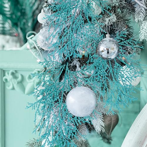 Winlyn 15 Pcs Teal Glitter Artificial Cedar Picks Sprays Christmas Floral Picks Faux Cedar Branches Stems Teal Christmas Tree Picks 15.4" H for Floral Arrangement Wreath Swag Winter Centerpiece - color: Teal