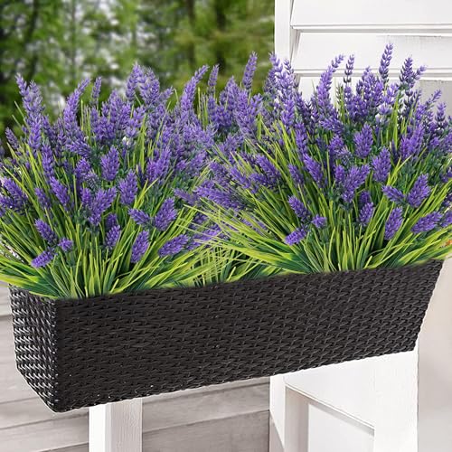 12 Bundles Artificial Plants Outdoor, UV Resistant Lavender Flowers Artificial Plastic Fake Lavender with Monkey Grass for Garden Porch Patio Yard Window Box Planter Decor(Grass with Purple Flowers) - color: Grass With Purple Flowers, size: 12 Bundles