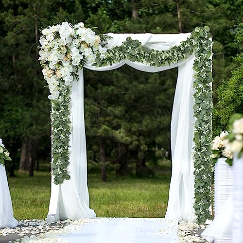 KHOYIME Eucalyptus Garland with White Flowers, 4 Packs 5.9Ft Artificial Silver Dollar Eucalyptus Leaves Plant Fake Greenery Hanging Ivy Vines Faux Wreath for Wedding Arch Party Mantle Table Home Decor - color: 4pcs