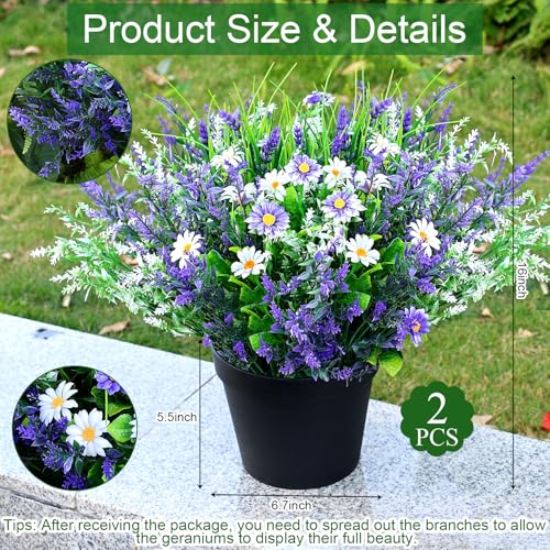 2 Pcs Artificial Potted Flowers for Outdoors - 16 Inch Large Pre-Assembly Purple Flowers Faux Plants Lavender Daisy for Outdoor Home Office Front Doors Patios Porches Yards Decor - color: Lavender Daisy
