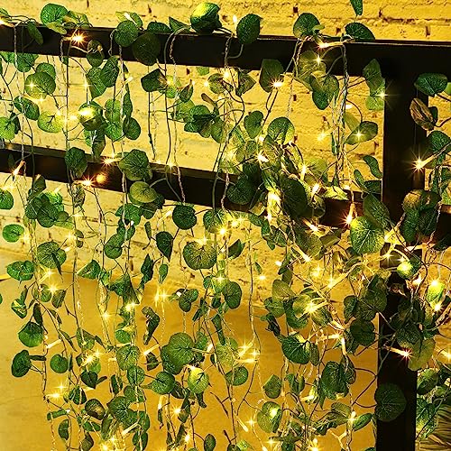 Unittype 15 Pcs 6.6 ft 300 LED Fake Ivy Vines with Lights for Bedroom String Fairy Light Curtain Artificial Hanging Vines Plant Garland with Light for Wall Outdoor Indoor Decor(Eucalyptus Leaf) - style: Eucalyptus Leaf
