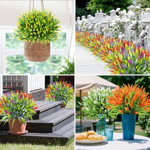 Ouddy Decor 24 Bundles Artificial Flowers for Outdoors, Fake Lavender Flowers Monkey Grass Faux Plastic Plants Shrubs UV Resistant for Porch Garden Window Box Office Home Decorations, Mixed - color: Multi Color