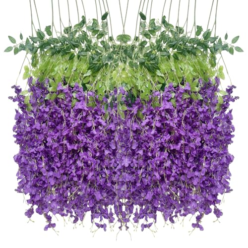 HUAHUA Artificial Wisteria Flowers, White Dense Artificial Fake Wisteria Vine Ratta Hanging Garland Silk Flowers String for Home Party Wedding Decor (24pcs Purple) - color: 24pcs Purple