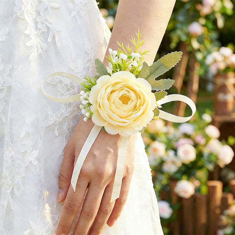 Wedding Corsage Wristlet Red Rose Wrist Corsage for Women (Beige) - color: Beige