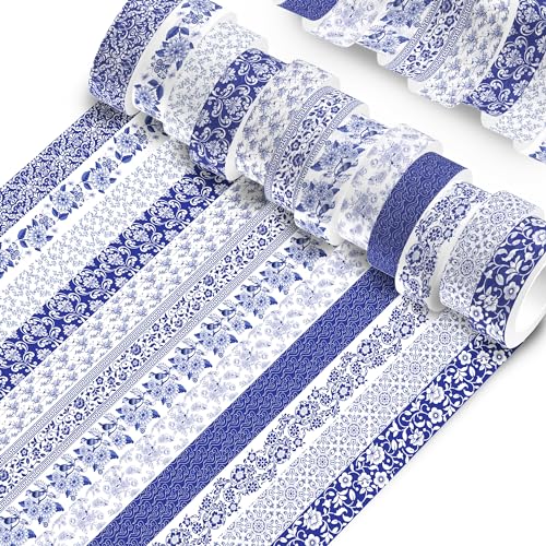 Bolsome 12Rolls Blue Floral Washi Tape Vintage Flowers Washi Tape Chinoiserie Design Decorative Tape for Wedding Birthday Envelope Scrapbook Craft Supplies