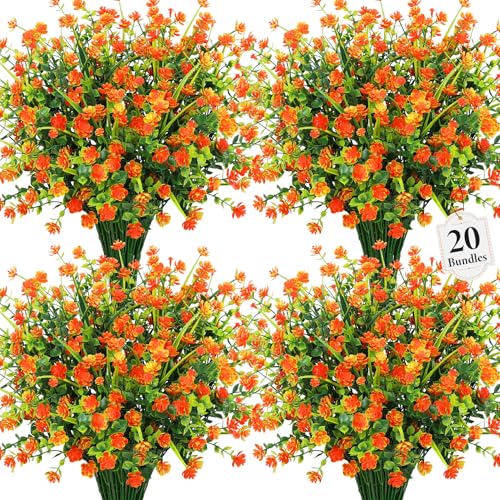 20 Bundles Artificial Flowers for Outdoors Fake Plastic Flowers UV Resistant Realistic Faux Plants Shrubs for Spring Summer Garden Porch Yard Patio Planter Window Box Home Decor, Orange - color: Orange
