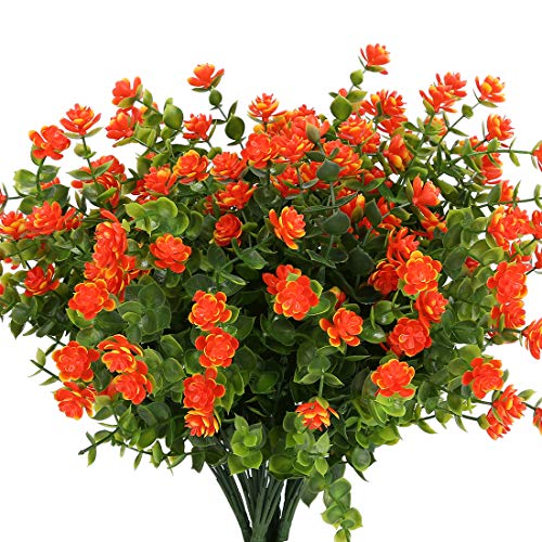 6 Bundles Artificial Flowers, Fake Artificial Greenery UV Resistant No Fade Faux Plastic Plants for Wedding Bridle Bouquet Indoor Outdoor Home Garden Kitchen Office Table Vase (Orange Red) - color: Orange Red