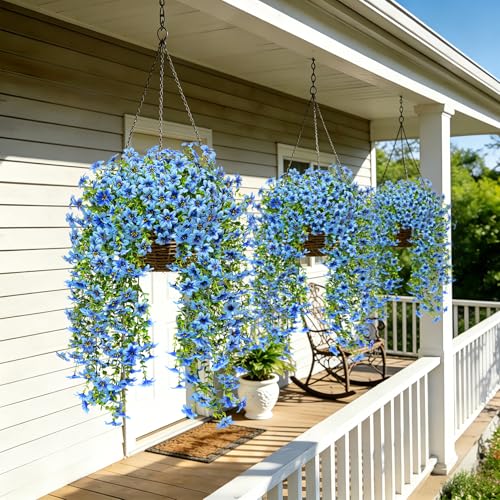 Roberly 4 Pcs Artificial Hanging Flowers for Outdoors, Realistic Faux Silk Flowers UV Resistant Fake Greenery Plants for Spring Summer Garden Porch Indoor Outdoor Home Decor, Blue - color: Blue