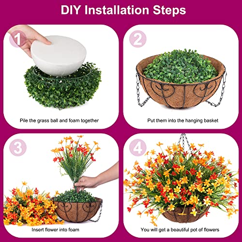 Artificial Spring Fake Flowers with Hanging Basket for Outdoor Summer Decoration, Fake Mums Silk Flowers UV Resistant Faux Flower Plants for Porch Patio Garden Balcony Outside Indoor Decor (Orange) - color: Orange-2