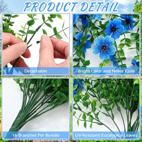 Suncalla 4 Pcs 30In Artificial Hanging Flowers for Outdoor Planter 156 Branches Trailing Faux Potted Plant Fake Floral UV & Fading Resistant for Wedding Patio Spring Summer Decor(Blue) - color: Blue