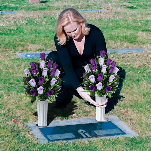 Artificial Cemetery Flowers - Set of 2 Grave Memorial Rose Flowers with Vase for Cemetery Headstones Gravesites Decoration (Dark Purple&Light Purple) - color: Dark Purple&light Purple