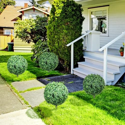 HOMCOM Set of 2 1.3ft (15.7") Artificial Boxwood Topiary Ball Bush with Integrated Ground Stake, Indoor Outdoor UV Resistant Faux Greenery, Faux Plants for Garden, Porch, Balcony