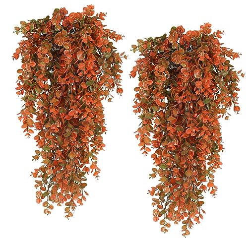 RECUTMS 4 Pcs Fake Fall Eucalyptus Hanging Plants 29.9Inch Artificial Fall Baskets UV Resistant Plastic Greenery for Outdoor Home Room Garden Farmhouse Front Porch Wall Thanksgiving Party Indoor Decor - color: Orange
