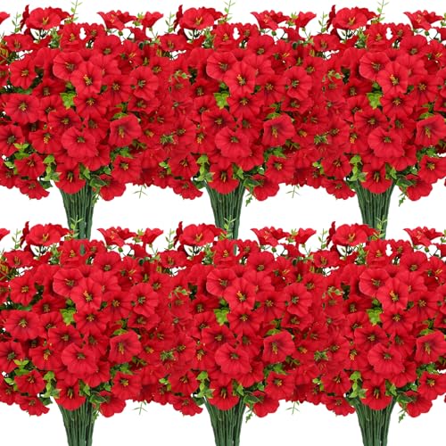 Roberly 12 Bundles Artificial Flowers for Outdoors, Fake Flowers Silk Morning Glory with Eucalyptus UV Resistant Faux Plants for Spring Summer Garden Outside Porch Patio Yard Home Decor, Red - color: Red