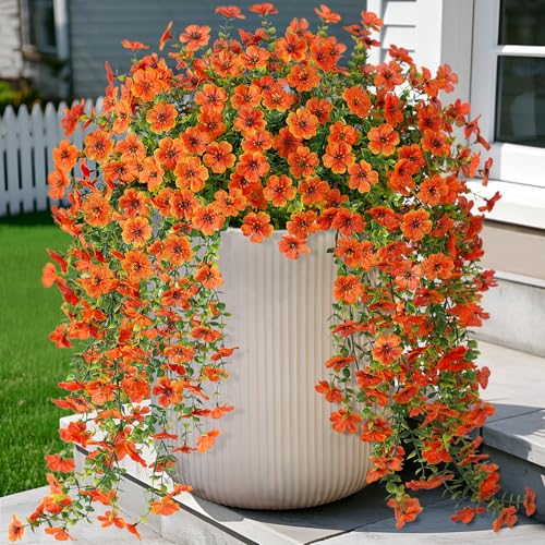 Ammyoo Artificial Hanging Flowers for Outdoors Fake Plants Decoration, 2 Packs Faux Silk Daisy Flower Realistic Outdoor Flowers UV Resistant Porch Patio Window Yard Indoor Spring Decor(Orange) - color: Orange