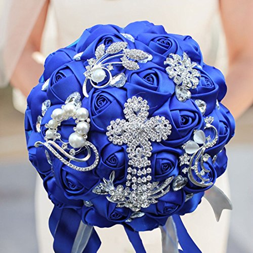 S_SSOY Customizable Romantic Wedding Bouquets Silk Flowers Bridal Holding Roses Bride Bridesmaid Brooch Bouquet with Pearl Diamond Crystal Ribbon Valentine's Day with Free Corsage (Blue) - color: Blue